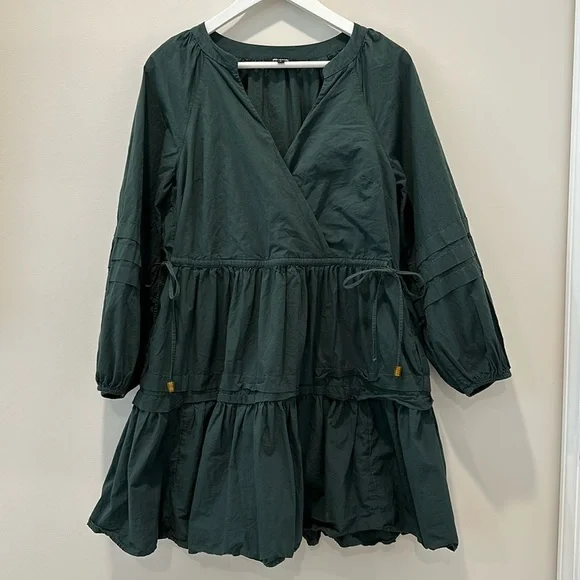 Madewell Long Sleeve Mini Dress Poplin Cotton Wrap Green Casual Quiet Luxury - Picture 2 of 13